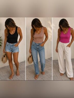 Ribbed V-Neck Tank Tops -Black, Tan, Pink